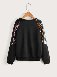 SHEIN Girls Raglan Sleeve Colourful Sequins Pullover - Black - View 2
