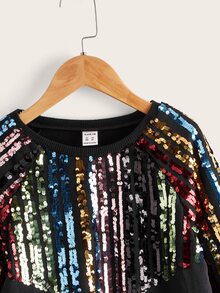 SHEIN Girls Raglan Sleeve Colourful Sequins Pullover - Black - View 4