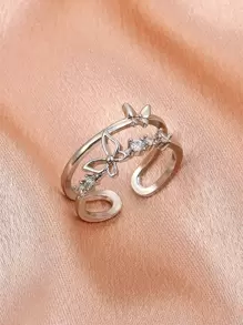 Girls Rhinestone Butterfly Decor Cuff Ring - Silver - View 1