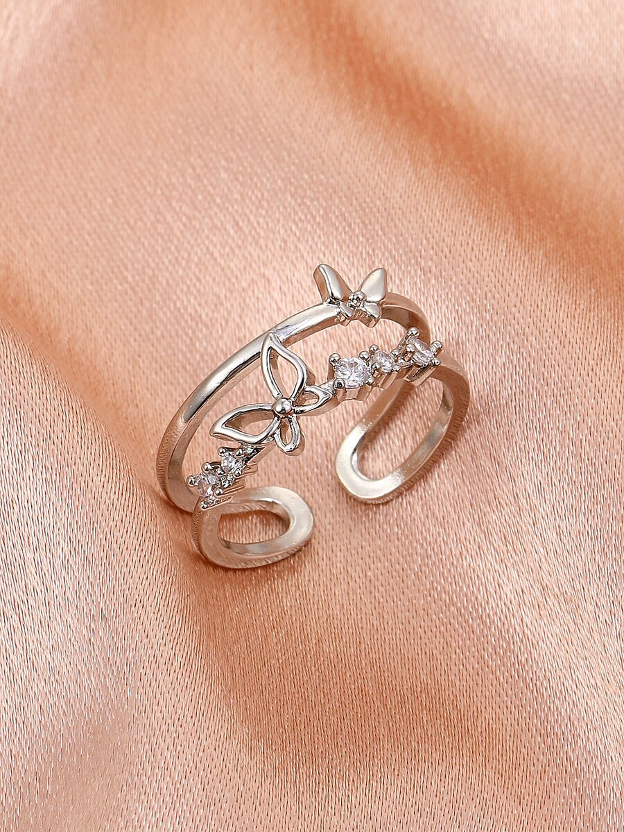 Girls Rhinestone Butterfly Decor Cuff Ring - Silver - View 1