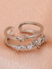 Girls Rhinestone Butterfly Decor Cuff Ring - Silver - View 2