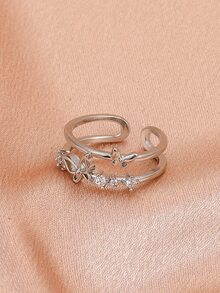 Girls Rhinestone Butterfly Decor Cuff Ring - Silver - View 3