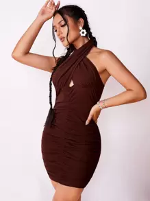SHEIN BAE Cross Wrap Backless Ruched Halter Bodycon Dress - Chocolate Brown - View 4