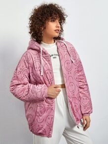 Muchica 表情印花落肩抽绳连帽夹棉大衣 - 粉色 - 查看 1