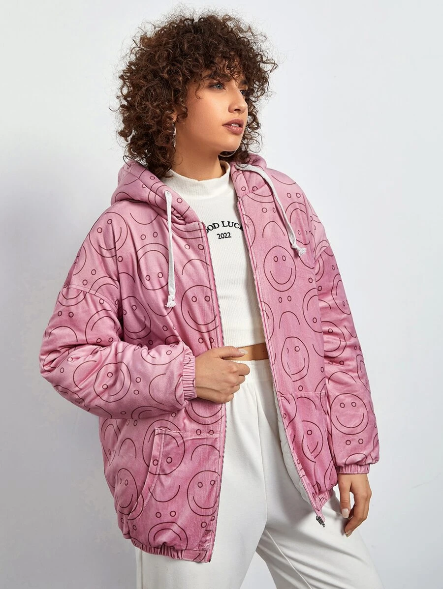 Muchica 表情印花落肩抽绳连帽夹棉大衣 - 粉色 - 查看 1