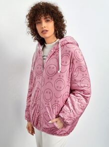 Muchica 表情印花落肩抽绳连帽夹棉大衣 - 粉色 - 查看 3