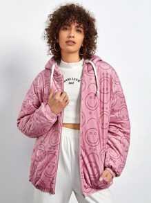 Muchica 表情印花落肩抽绳连帽夹棉大衣 - 粉色 - 查看 4