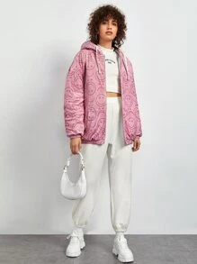 Muchica 表情印花落肩抽绳连帽夹棉大衣 - 粉色 - 查看 5