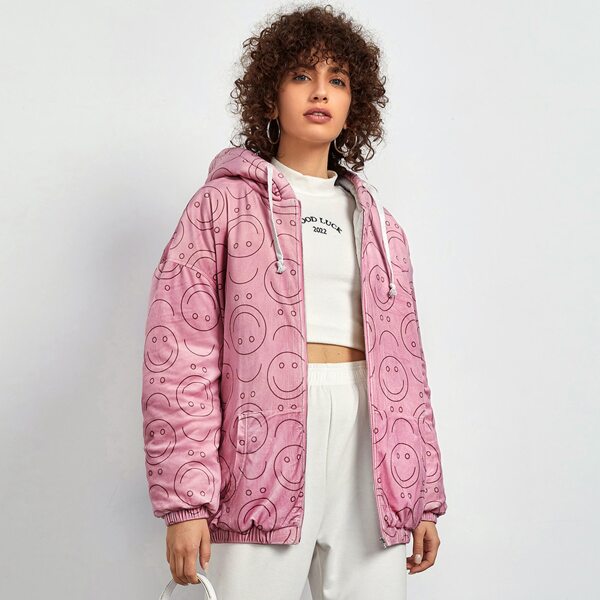 

Expression Print Drop Shoulder Drawstring Hooded Velvet Winter Coat, Pink