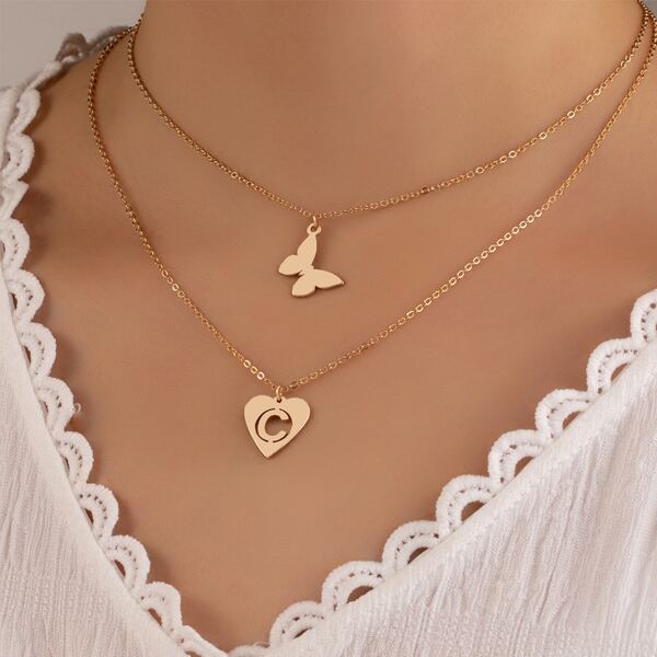 

Butterfly & Heart Pendant Necklace, Gold