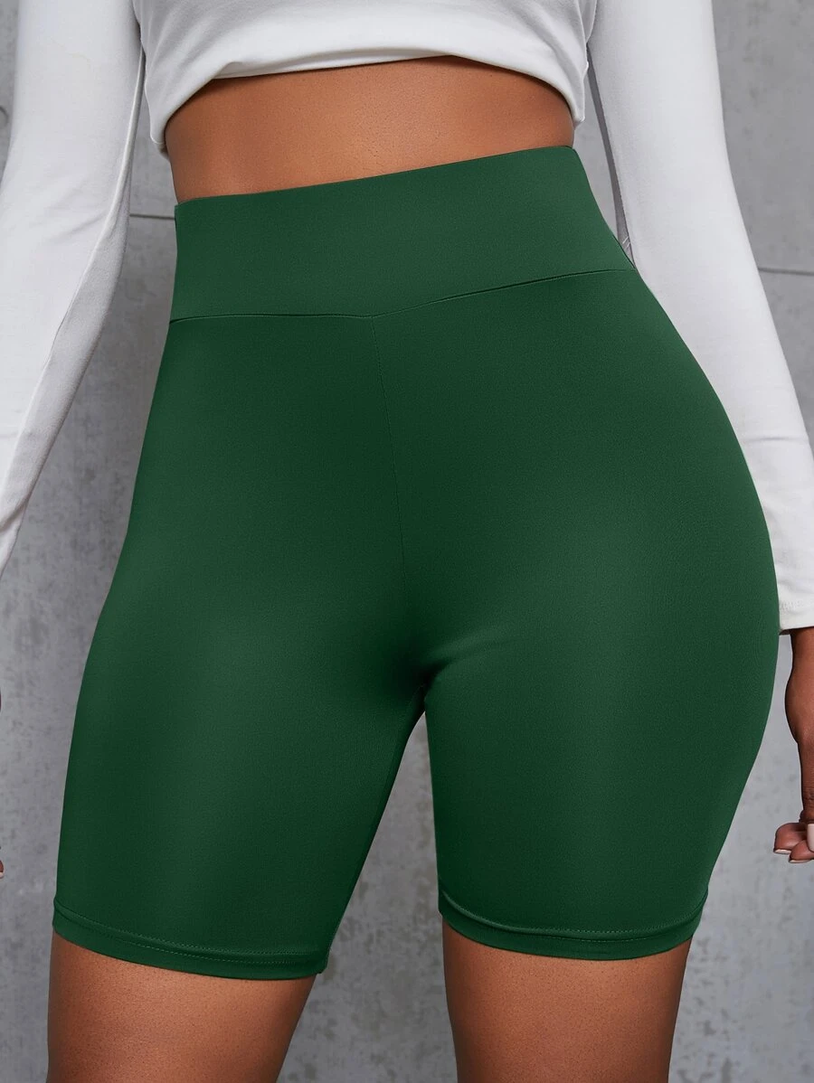 Zolique Wideband High Waist PU Leather Biker Skinny Shorts - Dark Green - View 1