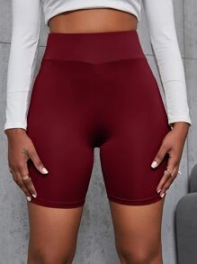 SHEIN Unity Wideband Waist Solid Cycling Shorts - Burgundy - View 4