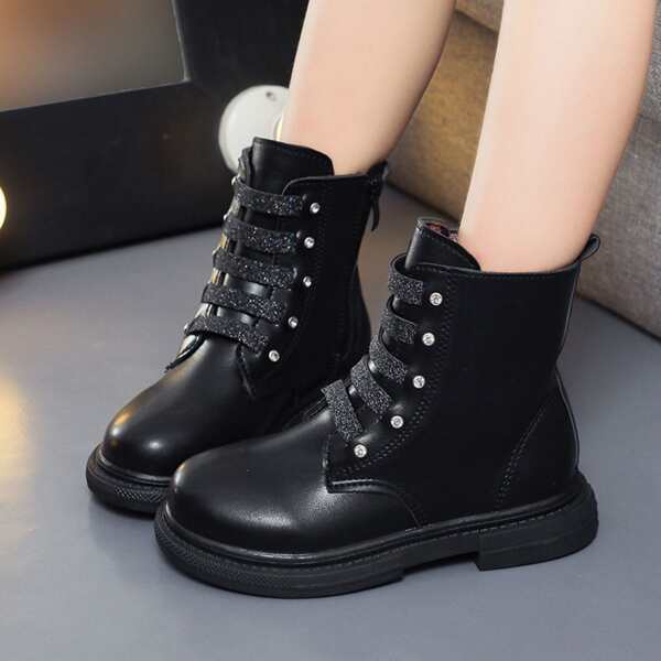 

Girls Rhinestone & Glitter Decor Side Zipper Boots, Black