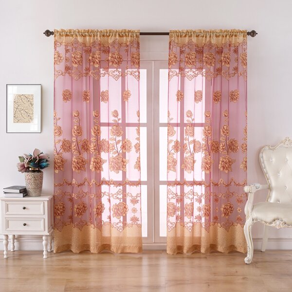 

Flower Print Single Panel Sheer Curtain, Burgundy