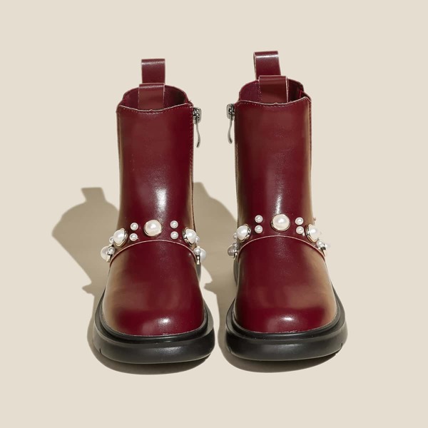 

Girls Faux Pearl Decor Side Zipper Chelsea Boots, Red