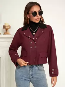 SHEIN Essnce Drop Shoulder Double Breasted Contrast Panel Overcoat - Burgundy - View 1