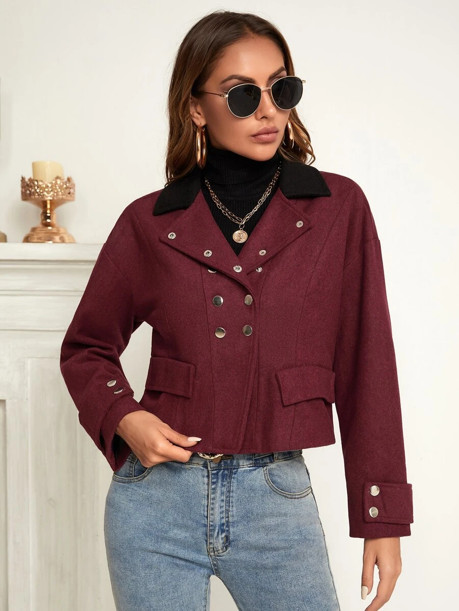 SHEIN Essnce Drop Shoulder Double Breasted Contrast Panel Overcoat - Burgundy - View 1