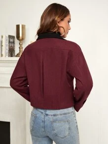 SHEIN Essnce Drop Shoulder Double Breasted Contrast Panel Overcoat - Burgundy - View 2