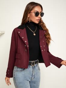 SHEIN Essnce Drop Shoulder Double Breasted Contrast Panel Overcoat - Burgundy - View 3