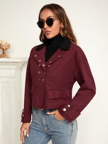 SHEIN Essnce Drop Shoulder Double Breasted Contrast Panel Overcoat - Burgundy - View 4
