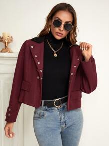 SHEIN Essnce Drop Shoulder Double Breasted Contrast Panel Overcoat - Burgundy - View 5