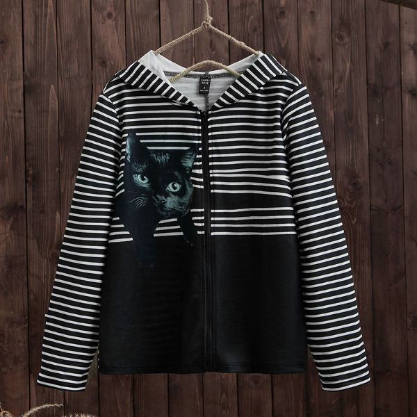 

Striped & Cat Print Hooded Coat, Black and white