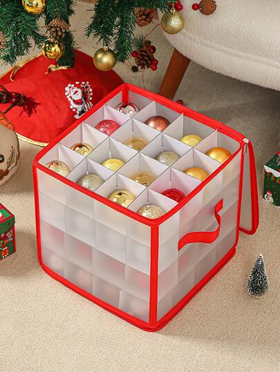 1pc Christmas Ornament Storage Box, 64 Compartments, Zipper Closure Christmas Storage Box With Handle, Red Transparent Christmas Organizer Box, Christmas Organizing Supplies