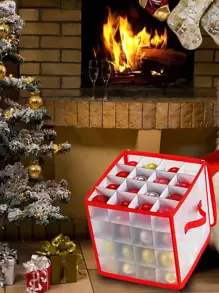 1pc Christmas Ornament Storage Box, 64 Compartments, Zipper Closure Christmas Storage Box With Handle, Red Transparent Christmas Organizer Box, Christmas Organizing Supplies - Clear - View 3