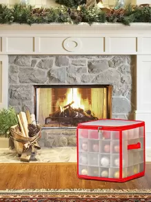 1pc Christmas Ornament Storage Box, 64 Compartments, Zipper Closure Christmas Storage Box With Handle, Red Transparent Christmas Organizer Box, Christmas Organizing Supplies - Clear - View 5