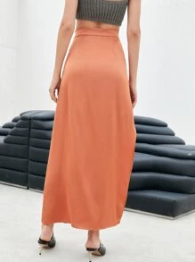 SHEIN High Split Satin Skirt - Coral Orange - View 2