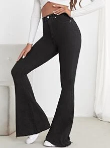 High Waist Contrast Stitch Flare Leg Jeans - Black - View 1