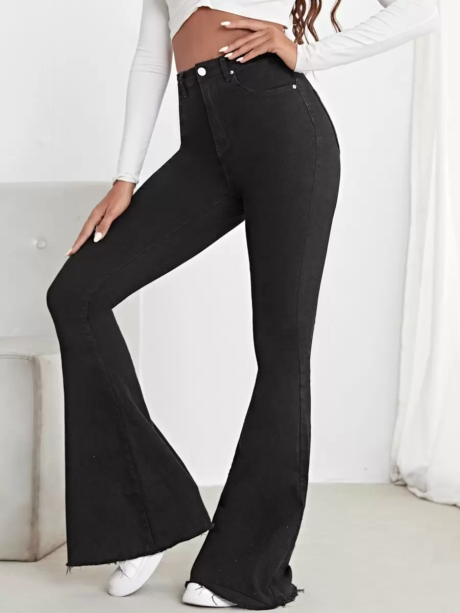 High Waist Contrast Stitch Flare Leg Jeans - Black - View 1