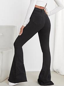 High Waist Contrast Stitch Flare Leg Jeans - Black - View 2