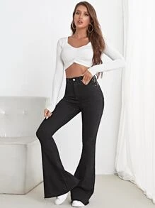 High Waist Contrast Stitch Flare Leg Jeans - Black - View 3