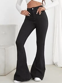 High Waist Contrast Stitch Flare Leg Jeans - Black - View 4
