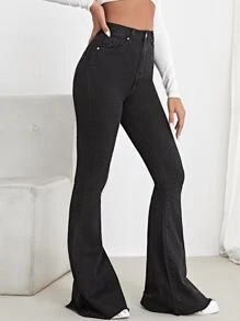 High Waist Contrast Stitch Flare Leg Jeans - Black - View 5