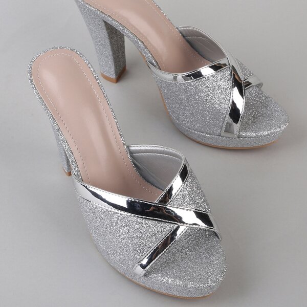 

Metallic Glitter Decor Chunky Mules, Silver