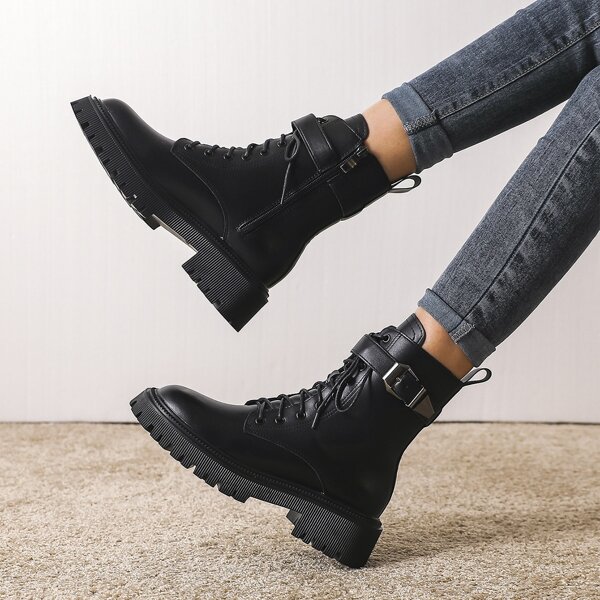 

Buckle Decor Lace-up Front Combat Boots, Black