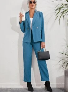 Solid Corduroy Suit Set - Blue - View 1