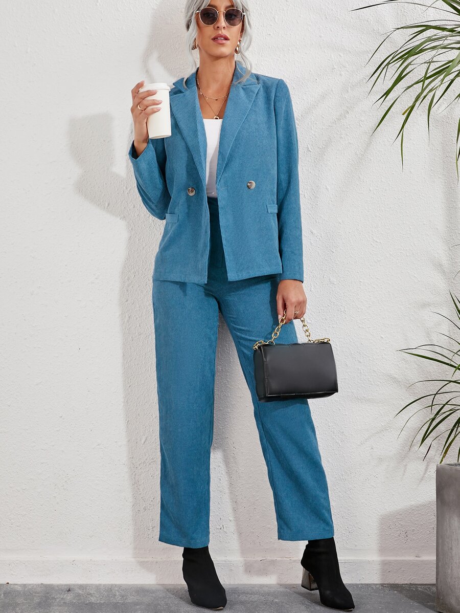 Solid Corduroy Suit Set - Blue - View 1