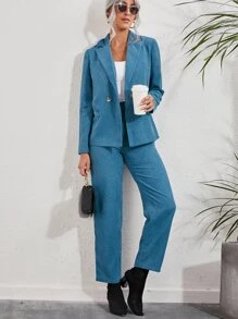 Solid Corduroy Suit Set - Blue - View 3