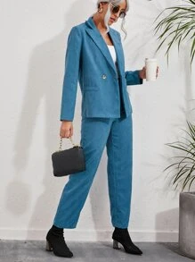Solid Corduroy Suit Set - Blue - View 5