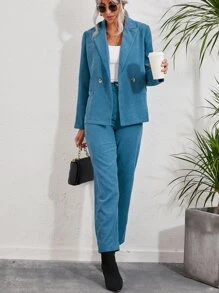 Solid Corduroy Suit Set - Blue - View 7