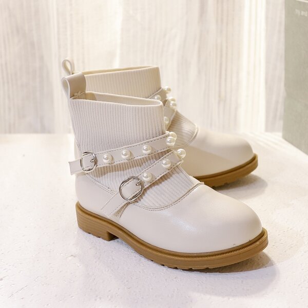 

Girls Solid Buckle & Faux Pearl Decor Slip On Boots, White