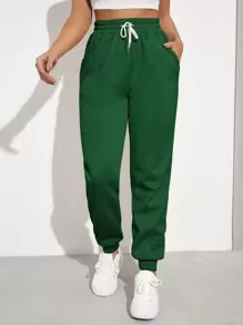 SHEIN EZwear Solid Drawstring Waist Slant Pocket Joggers - Green - View 1