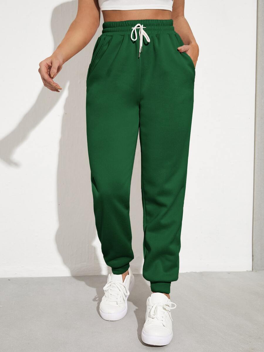 SHEIN EZwear Solid Drawstring Waist Slant Pocket Joggers - Green - View 1