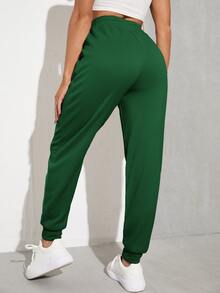SHEIN EZwear Solid Drawstring Waist Slant Pocket Joggers - Green - View 2