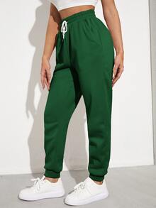 SHEIN EZwear Solid Drawstring Waist Slant Pocket Joggers - Green - View 3