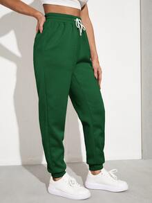 SHEIN EZwear Solid Drawstring Waist Slant Pocket Joggers - Green - View 4