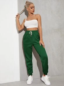SHEIN EZwear Solid Drawstring Waist Slant Pocket Joggers - Green - View 5